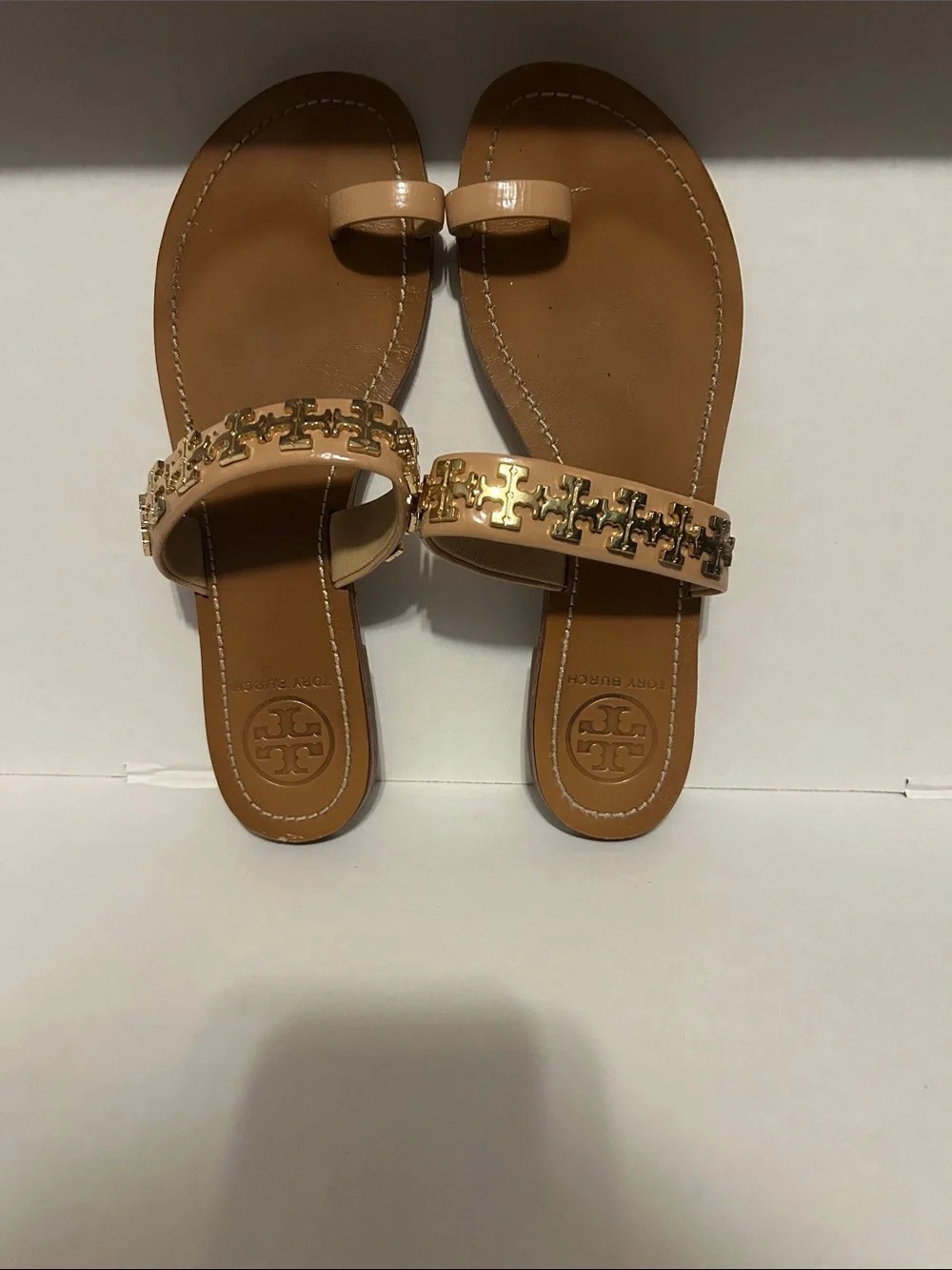 Tory Burch Tan Patent Miller Toe-Ring Sandals with Gold Logo